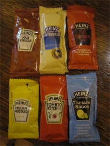With a selection of not just one Heinz condiment in a packet, but SIX! And to think, if you mixed and matched: there are 64 possible combinations, BUT if the order of the mixing mattered, you could have 720 combinations!! Take that for non-conforming. (Note: math may not be entirely correct, been a while since I was in math class.)