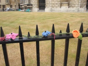 After connecting with the past in the library, I might be reminded to connect with the present by guerrilla knitters - a playful sort. 